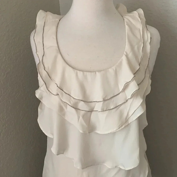 BODY CENTRAL cream colored ruffle top with beaded neck details - Picture 2 of 11